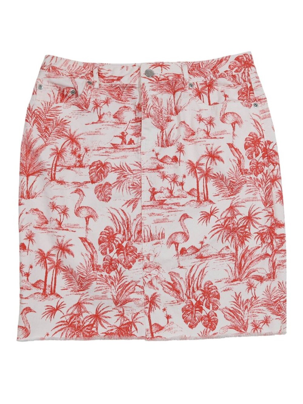 J MCLAUGHLIN Richmond Tropical Toile Fringe Denim Pencil Skirt Size 8 Preppy